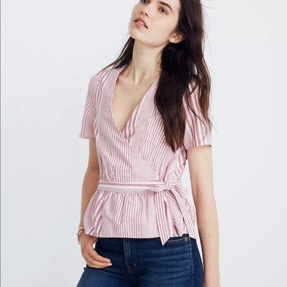 Madewell Ruffle-Hem Wrap Top in Stripe Mix Short Sleeve - Picture 1 of 11